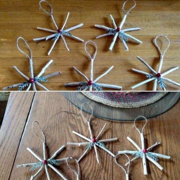 Hand Crafted Other - 10 Real Wood Sticks Twigs Rustic Hanging Christmas Tree Ornaments Starburst
